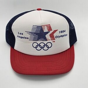 Vintage 1984 Los Angeles Olympics Snapback Trucker Hat Red White Blue Mesh